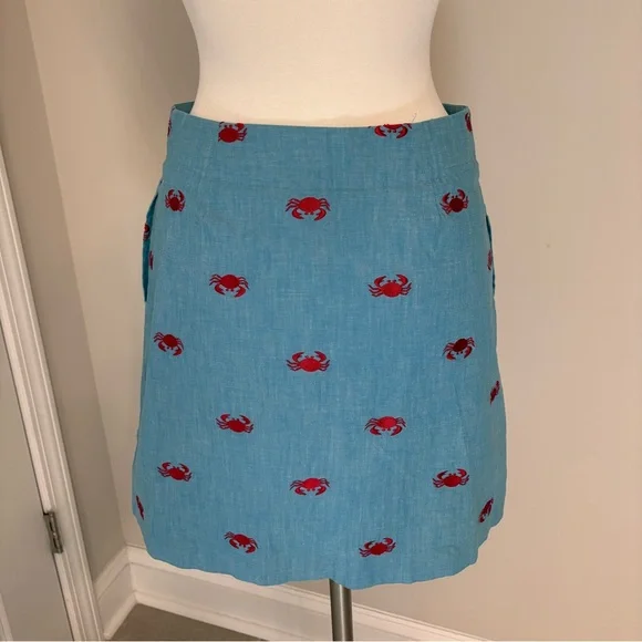 Lilly Pulitzer Vintage Blue Mini Skirt With Red Crabs Snap Closure Size 4 - Picture 2 of 6